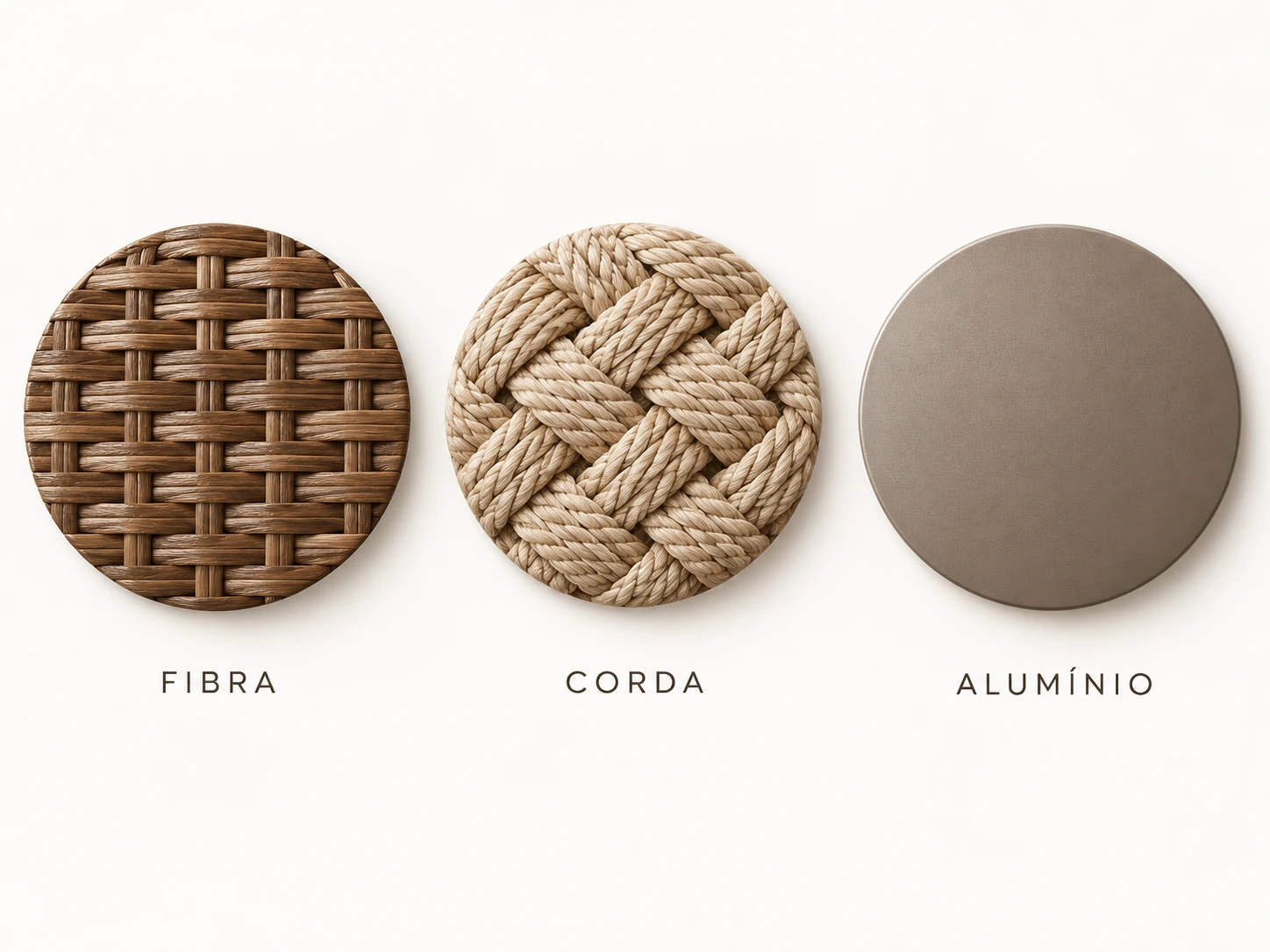 Painel com materiais fibra, corda e alumínio